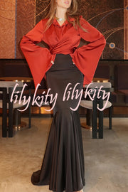 Jenny Satin High Rise Elastic Waist Flare Maxi Skirt