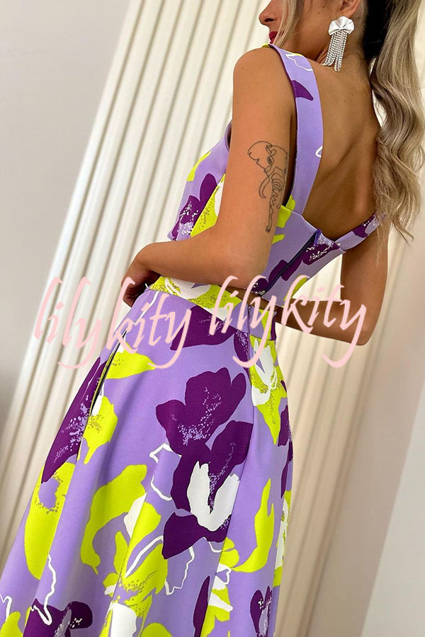 Stylish Floral Print Sling Top and Large Hem Pockets Maxi Skirt Set