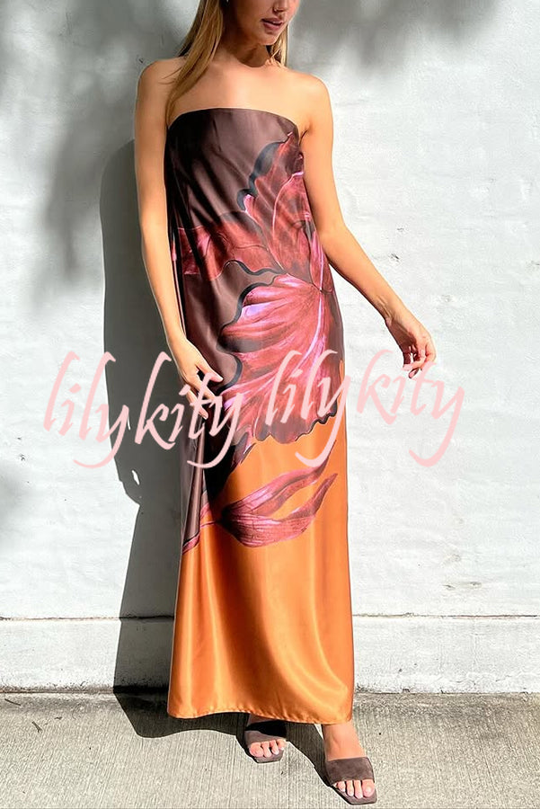 Drawing Inspiration Satin Floral Print Off Shoulder A-line Slit Maxi Dress