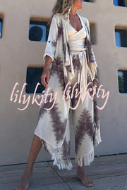 Kailani Linen Blend Tie-dye Print Irregular Hem Duster Kimono