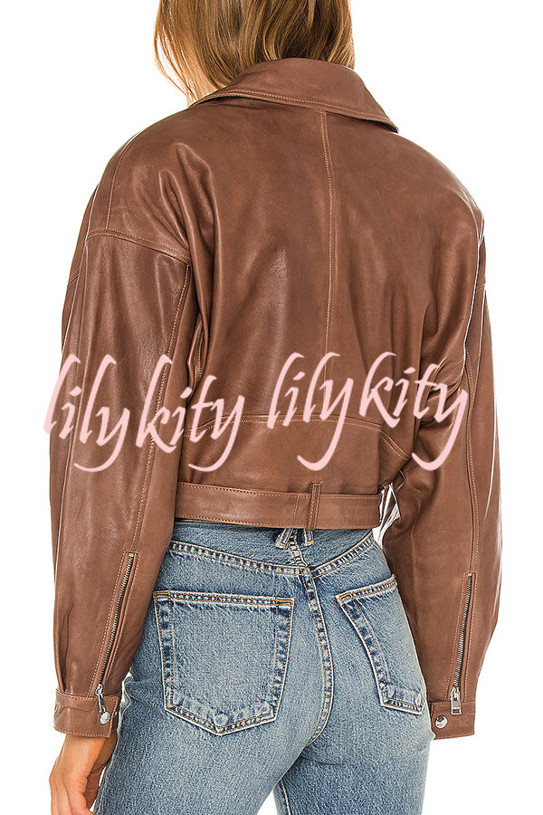 Fashion Lapel Long Sleeve Casual Zipper Pocket Leather Jacket