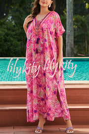 Floral Print V-Neck Lace-Up Loose Holiday Cover-Up Maxi Dress