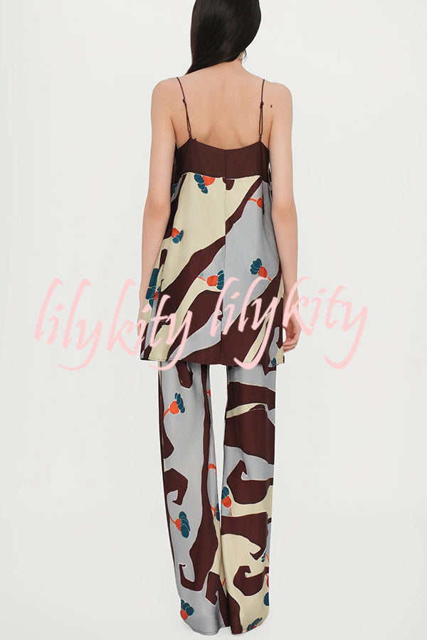 Loving Views Satin Unique Print a-line Tank and Elastic Waist Loose Pants Set