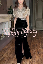 Elegant V-neck Sequined Velvet Stitching Sexy Slit Maxi Dress