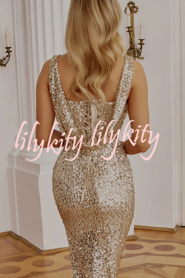 Glitzy Gala Sequin Draped Neckline Back Tie-up Ruched Slit Maxi Dress