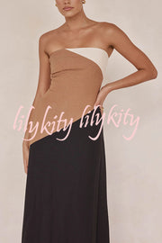 Calissa Asymmetrical Colour Block Strapless Pocketed A-line Maxi Dress