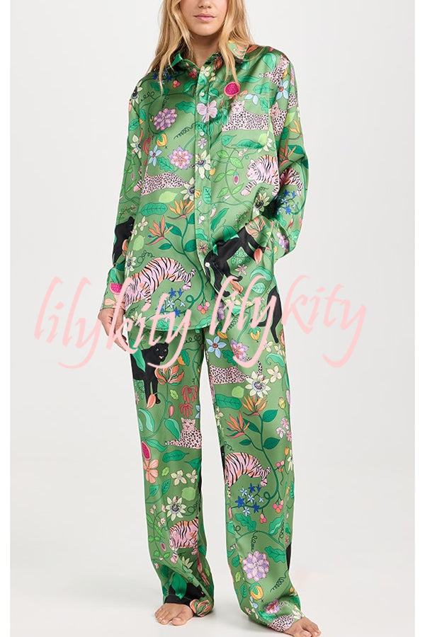 Quiet Jungle Satin Unique Print Long Sleeve Shirt and Elastic Waist Pocket Lounge Pants Set