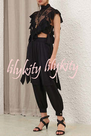 Esella Satin Gathered Waist Pocket Button Ankle Cuffs Harem Pant