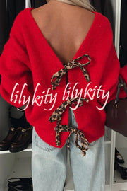 Fashionable Charm Knit Back Leopard Print Bow Tie-up Relaxed Sweater