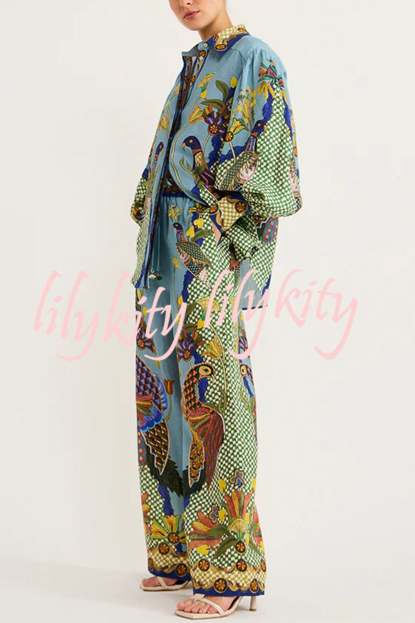 Smyrna Unique Heaven Bird Print Elastic Waist Pocketed Wide Leg Pants