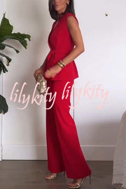 Keep It Classic V-neck Belted Vest and Mid Rise Pocket Wide Leg Pants Set