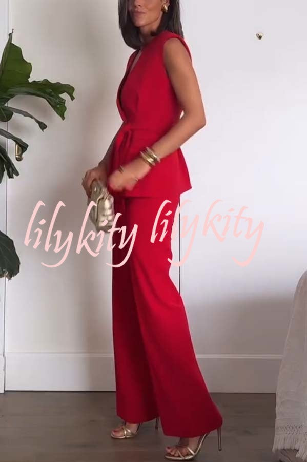 Keep It Classic V-neck Belted Vest and Mid Rise Pocket Wide Leg Pants Set