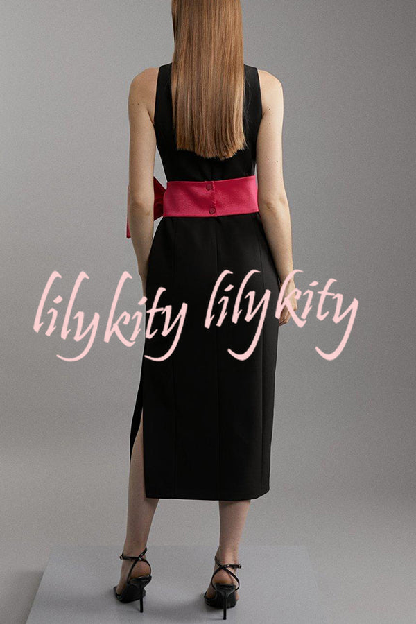 Clean Tailored Taffeta Contrast Oversized Bow Tie Waist Midi Dress