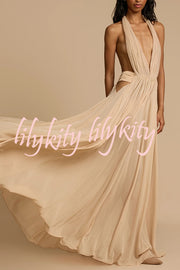 Ethereal Moment Tulle Cutout Ruched Waist Backless Halter Maxi Dress