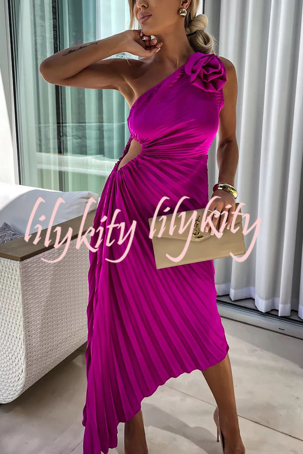 Romantic Nights Satin Raised Flower Elastic Cutout One Shoulder Pleated Maxi Dress