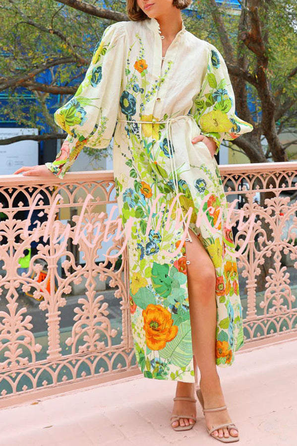 Summer Party Floral Print Balloon Sleeve Pocketed Belt Shirt Midi Dress