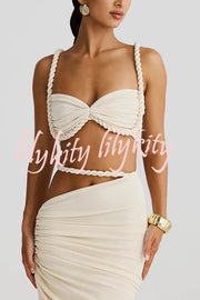 Sexy Halter Back Braided Suspender Top and Beach Holiday Style Hip-wrapped Maxi Skirt Set
