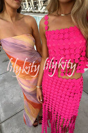 Caitlin See Through Circle Embroidery Square Neck Tassle Hem Slip Tank