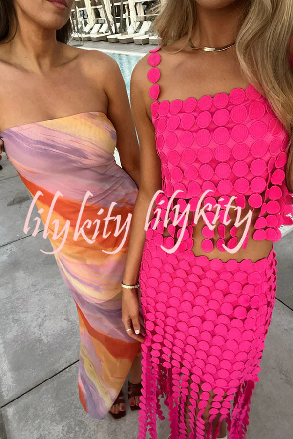 Caitlin See Through Circle Embroidery Square Neck Tassle Hem Slip Tank