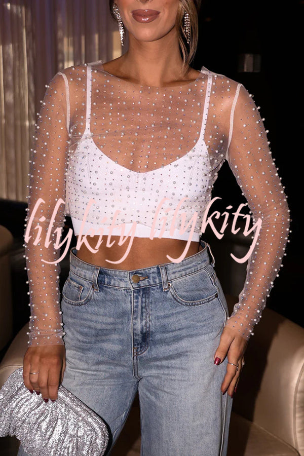 Party Princess Mesh Pearls and Rhinestones Detail Long Sleeve Sheer Top