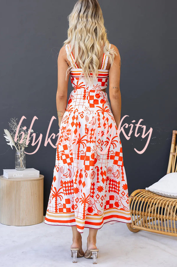 Unique Print Waist Cutout Back Gathered Suspender Maxi Dress