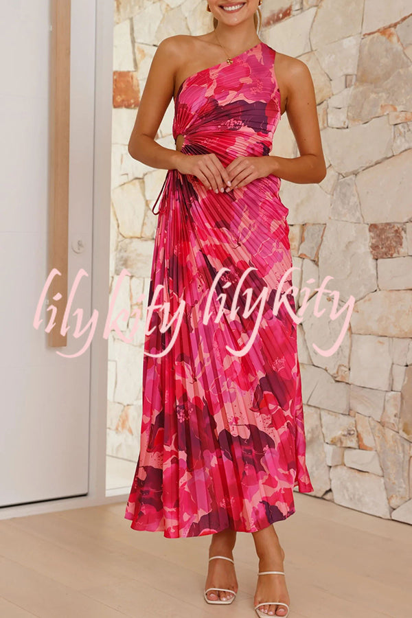 Laken Floral Print One Shoulder Adjustable Tie Cutout Pleated Maxi Dress