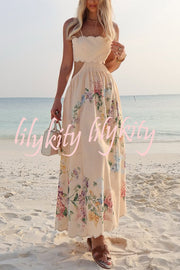 Cabo Sunsets Floral Print Petal Trim Back Lace-up Midi Dress