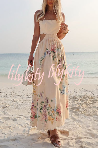 Cabo Sunsets Floral Print Petal Trim Back Lace-up Midi Dress