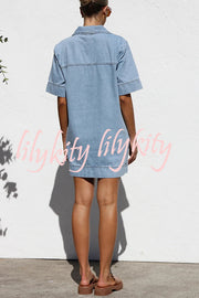 Amalie Light Denim Open Collar Pocketed Shift Style Mini Dress