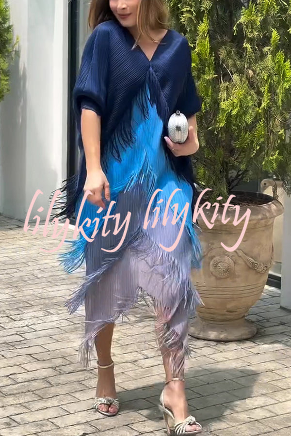 Fashionable Color-blocked Multi-layered Tassel Loose Midi Dress