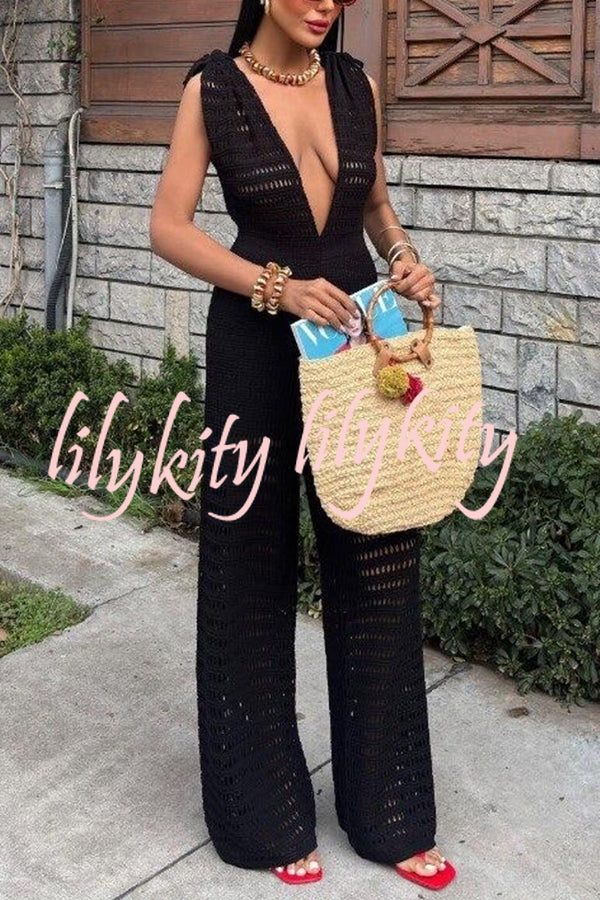 Solid Color Knitted V-neck Holiday Hollow Casual Jumpsuit