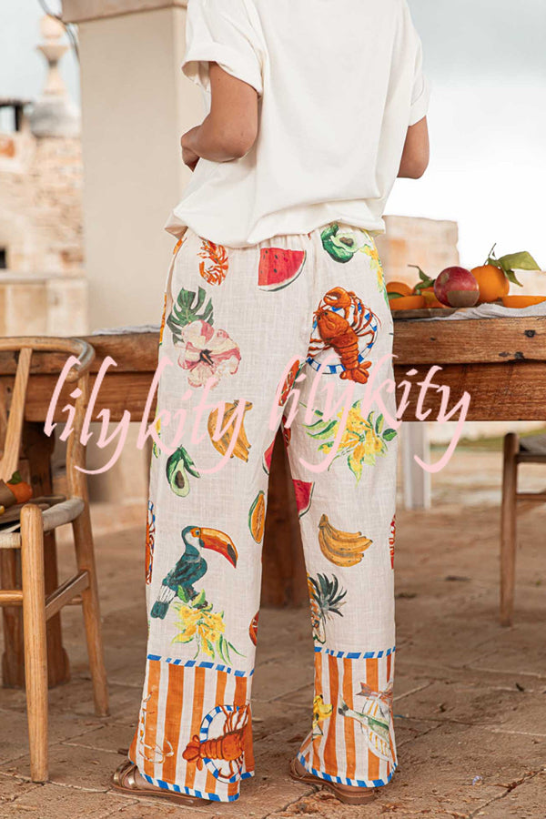 Unique Printed Elastic Waist Pocket Vacation Casual Wide Leg Pants
