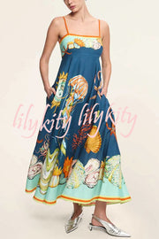 Linen Blend Unique Print Suspenders Back Pleated Pocket Resort Style Maxi Dress