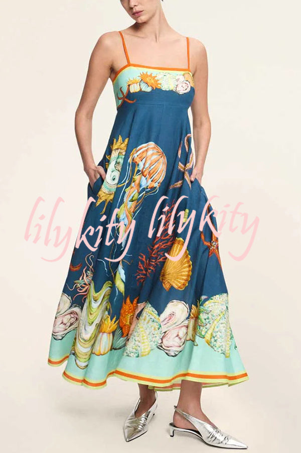 Linen Blend Unique Print Suspenders Back Pleated Pocket Resort Style Maxi Dress