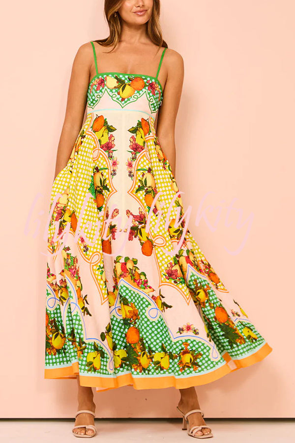 Enjoy Summer Lemon Linen Blend Unique Print Smocked Back Pocket Maxi Dress