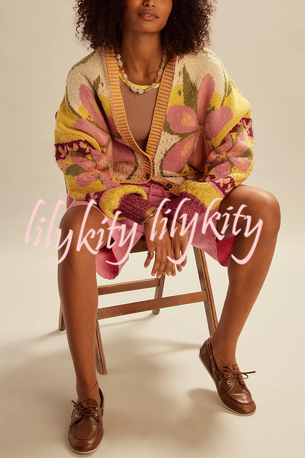 Floral Pattern Loose Long-sleeved Knitted Cardigan