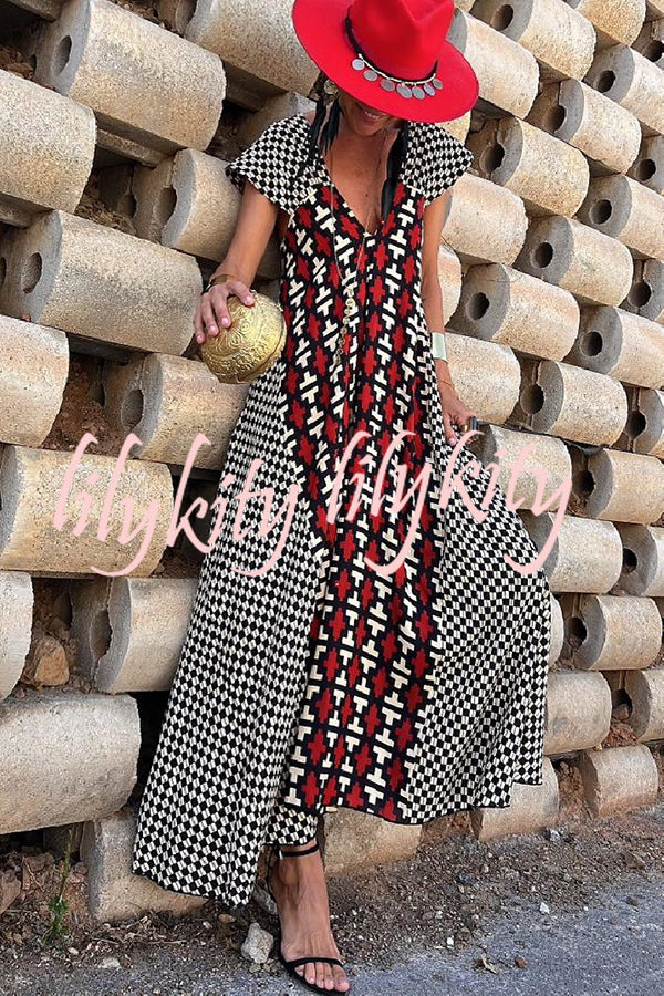 Fresh Breeze Ethnic Unique Print Ruffle Sleeve A-line Maxi Dress