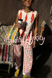 Good Luck Linen Blend Koi Pattern High Rise Elastic Waist Loose Pants