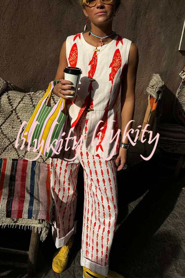 Good Luck Linen Blend Koi Pattern High Rise Elastic Waist Loose Pants
