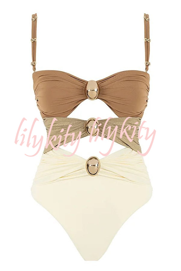 Color Block Patchwork Hollow Metal Decorative Stretch One-piece Swimsuit