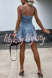 Fashionable Patchwork Suspender Zipper Slim Denim Mini Dress