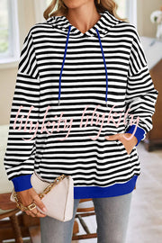 Striped Print Long Sleeve Pocket Loose Hoodie