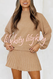 Solid Color Round Neck Puff Sleeve Loose Knit Sweater and Casual Striped Mini Skirt Set