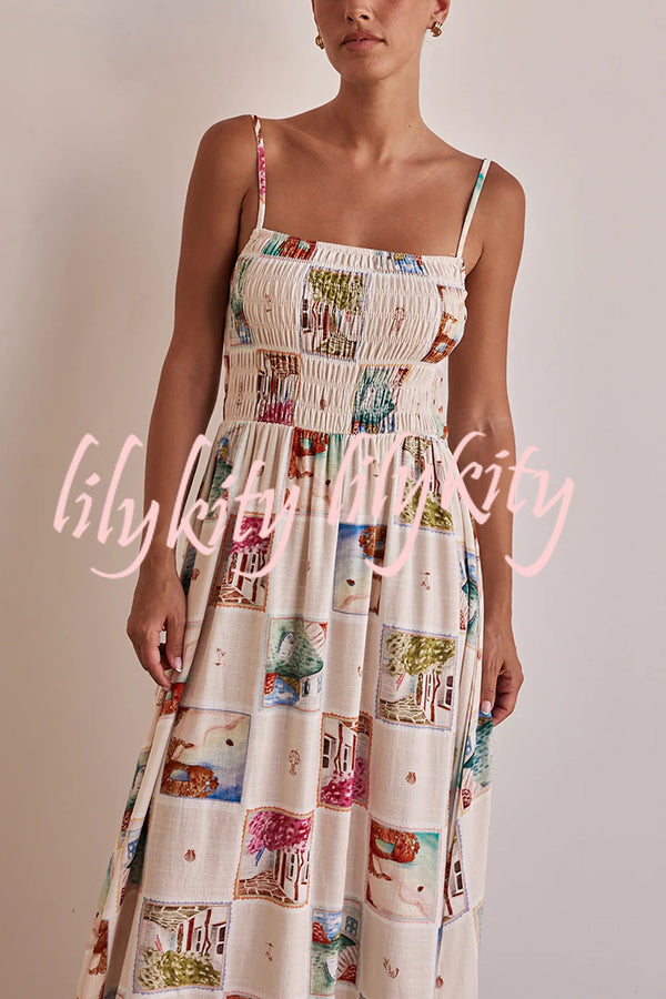 Unique Printed Sling Backless Elastic Pleated Maxi Dress