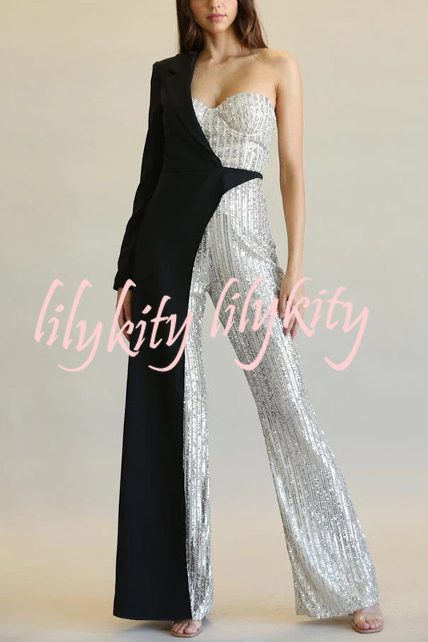 Fashionable Sequined Patchwork One-sided Long-sleeved Asymmetrical Jumpsuit