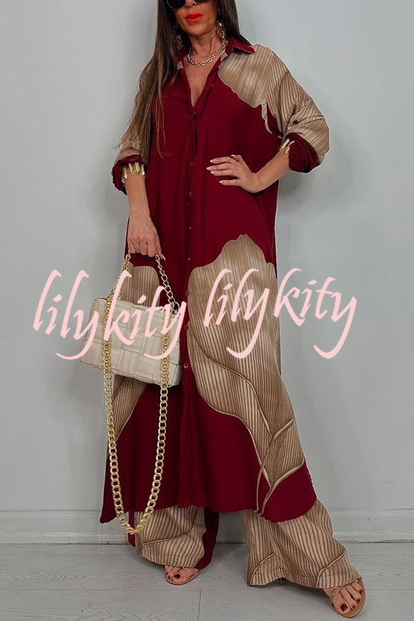 Unique Printed Casual Loose Long Shirt and Elastic Waist Pocket Wide Leg Pants Set