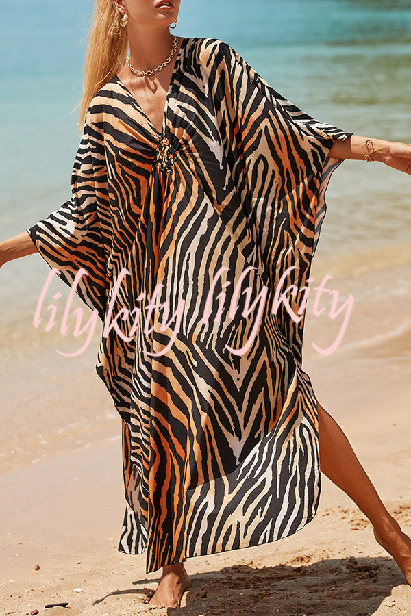 Simple Unique Printed Pleated Front Slit Cover Up