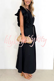 Solid One Shoulder Ruffled Sleeves Tie Waist Maxi Dress