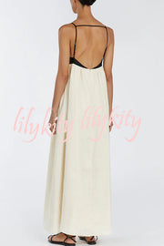 Linen Blend Sexy Sling Backless Contrast Maxi Dress