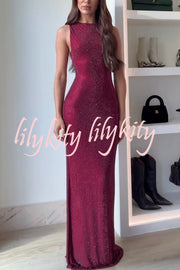 Holiday Nights Sequin Boat Neck Sleeveless Slit Maxi Dress